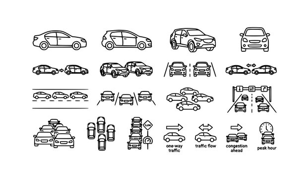 Automobile outline icon set with traffic jam car symbols vector