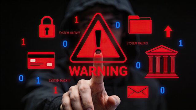 Hacker touching digital warning screen, cybersecurity concept with system hack alert, data protection icons and binary code background for network security theme.