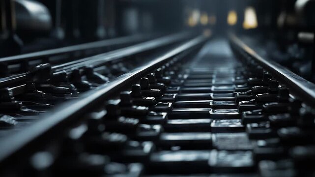 Steel train tracks extending into the distance, creating a strong sense of perspective and direction, embodying forward motion, travel, and connected journeys