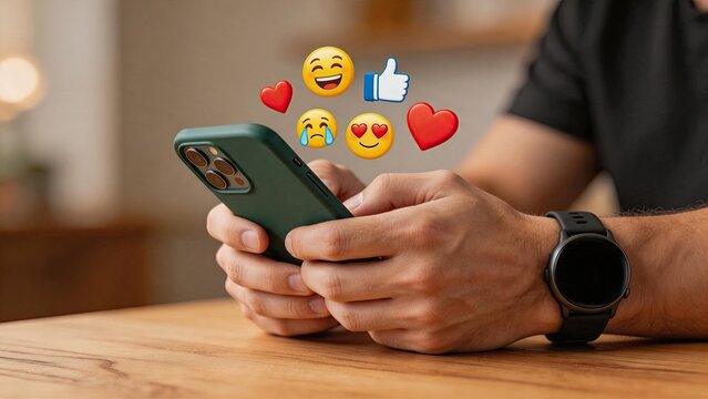 Person holding smartphone with social media reaction emojis floating above screen, showing likes hearts and laughter faces for online engagement and digital interaction concept.