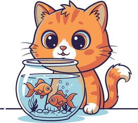 Fototapeta premium A cute cartoon ginger tabby cat with big eyes curiously watching two goldfish swimming in a round glass fishbowl.
