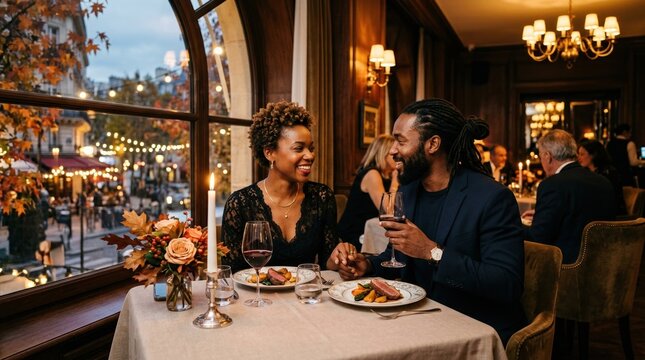 Romantic Black Couple Holding Hands and Smiling During Elegant Candlelit Dinner at Upscale Restaurant with Scenic Autumn View of Parisian Streets and Glowing Evening Lights in the Background