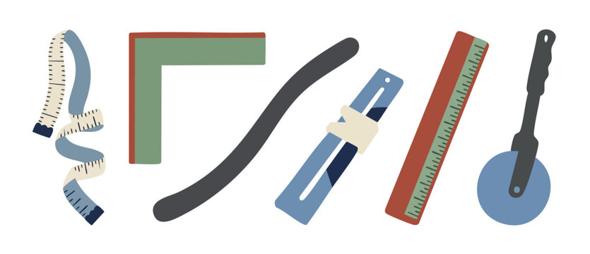 Measuring Tools Set Collection Flat Vector Illustration for Drafting Design and Sewing Projects, Including Tape Measure, Rulers, Square Tool, and Fabric Cutter on Isolated White Background for Craftin