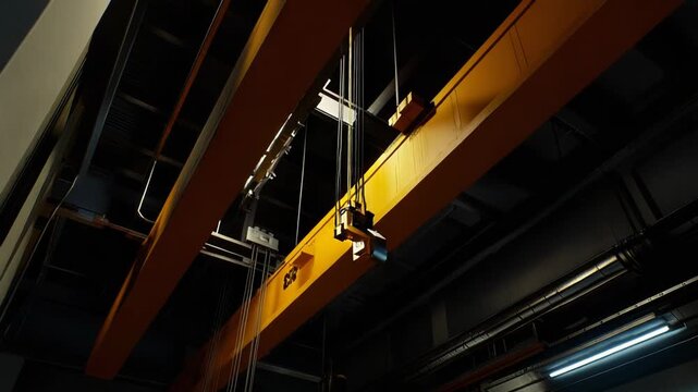 Overhead bridge crane lifting heavy loads inside a large modern industrial warehouse, showcasing steel beams, hoist cables and hooks for efficient material handling and storage