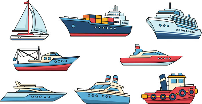 Ship and Boat Icon Set with Sailboat, Cargo Ship, Yacht, Cruise Ship, Speedboat, Fishing Boat, Tugboat, and Passenger Vessel for Maritime, Travel, and Digital Designs