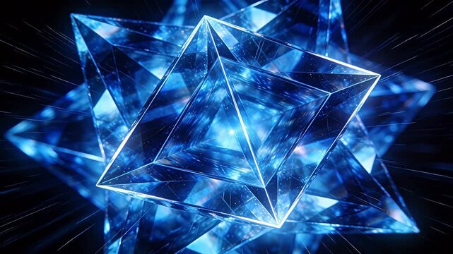 Transparent blue geometric crystals interlocking with light refraction on dark background
