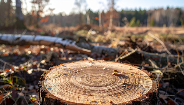 Fresh tree stump with visible growth rings, sawdust scattered around, fallen branch nearby, blurred forest landscape in background, timber harvesting
