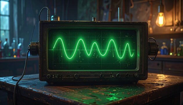 Oscilloscope displaying waveform signal in laboratory setting
