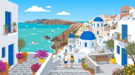 Fototapeta premium Couple walking coastal village with whitewashed houses and blue domes by sea