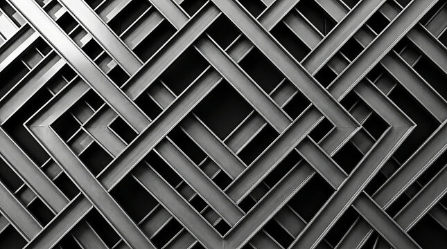 Abstract black and white photograph showing a complex pattern of intersecting metal beams and steel structures