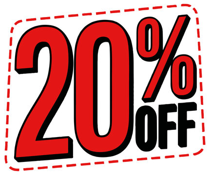 Red 20% off discount sign with dotted border black