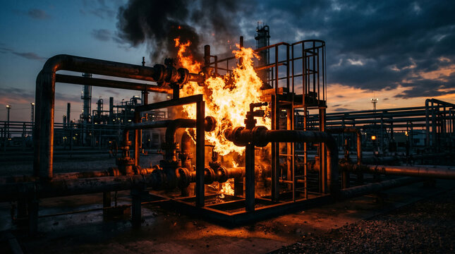 Close-up of a controlled industrial fire on gas plant infrastructure at dusk, minimalist view of burning flare and pipelines at an energy facility during twilight