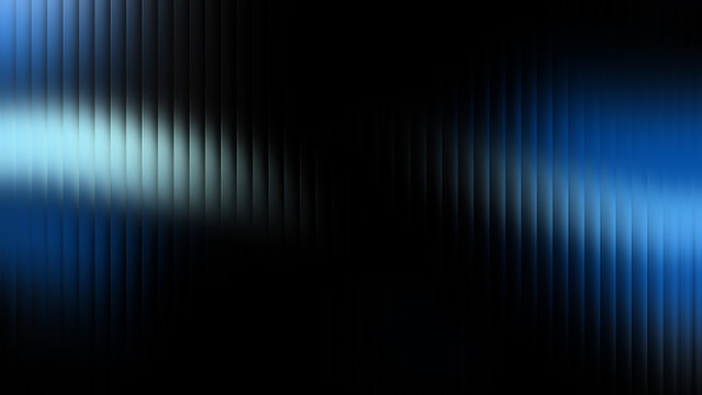 Glossy minimalist fluid 3D render with white, cyan, and deep blue gradient light on a black background. Iridescent fractal glass effect, vertical glow ribs, soft waves, and futuristic metallic motion.