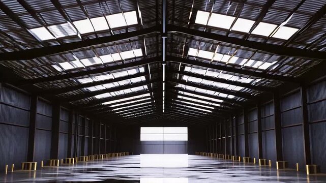 Large empty industrial warehouse interior featuring a wet floor reflecting the ceiling skylights and a distant brightly lit opening, creating a sense of scale and potential