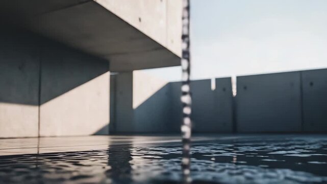 Water continuously flows into a calm concrete pool, creating gentle ripples and reflecting architectural forms with sharp shadows under a bright sky, emphasizing tranquility and design