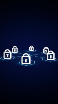 Padlock icons linked in digital data network. Padlock icons linked in digital network. Padlock icons linked in secure blockchain network.