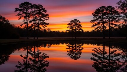 Obraz premium Sunset over tranquil lake, silhouetted trees reflected in the water