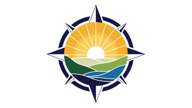 Compass rose design with landscape and sun