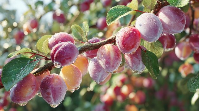 Ripe stone fruits covered with fresh dew drops hang from a sunlit branch.