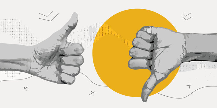 Thumbs up and down hands with yellow circle background