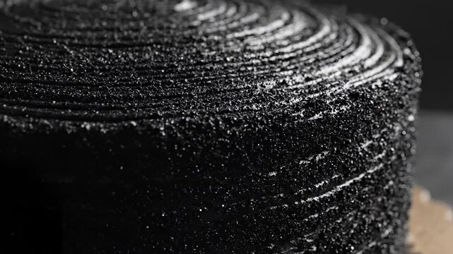Closeup of a dark textured cake with intricate frosting details.