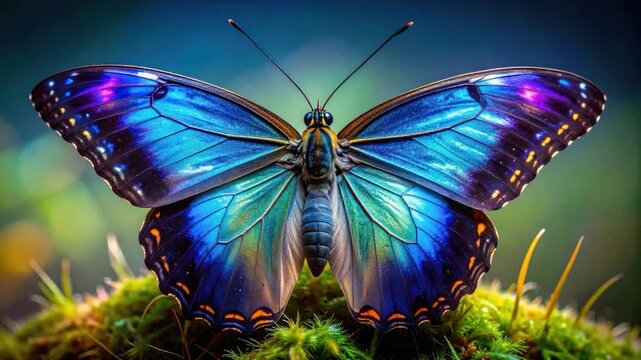A vibrant butterfly with outstretched wings, showcasing iridescent blues, purples, and greens, rests on moss