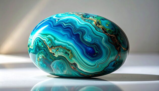 Polished oval gemstone with swirling blue green patterns on reflective surface