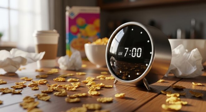 Digital Alarm Clock on a Breakfast Table amidst Spilled Cereal and Papers