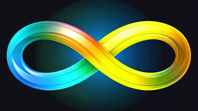 A vibrant, colorful, rainbow-like infinity symbol. The design is sleek with a gradient of colors on black