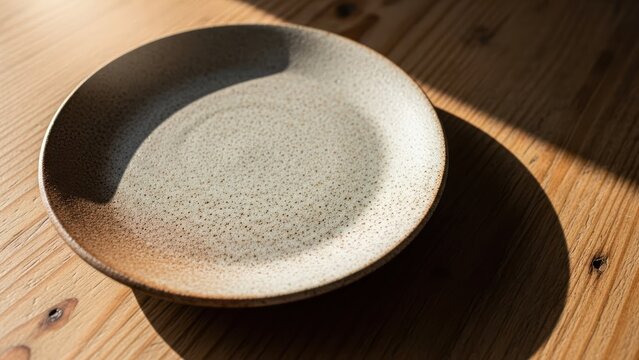 Textured, speckled, ceramic plate casts a shadow on a wooden table