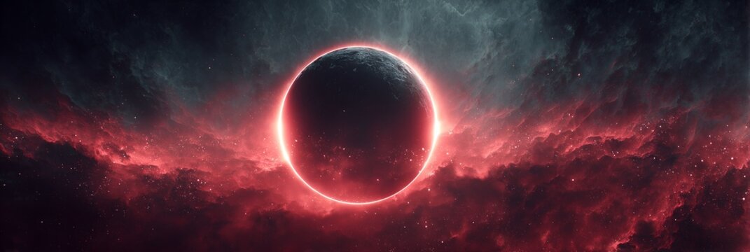 Dramatic red solar eclipse and glowing ring in dark nebula clouds, cosmic landscape for science fiction stories, stranger Aetemis cosmic exploration themes, and atmospheric background art