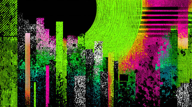 Abstract neon city inspired glitch artwork with vibrant cyberpunk colors and digital textures, futuristic pop art background ideal for technology visuals, gaming posters and modern creative branding.