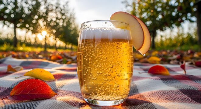 Glass of refreshing apple cider outdoors.
