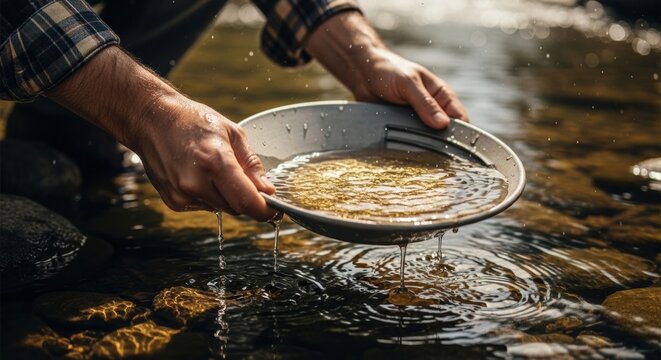 Prospector Paning for Gold in a Shallow River Stream using a Metal Pan