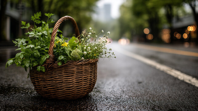 Panoramic wide angle view of foraged wild edibles basket on empty city asphalt street