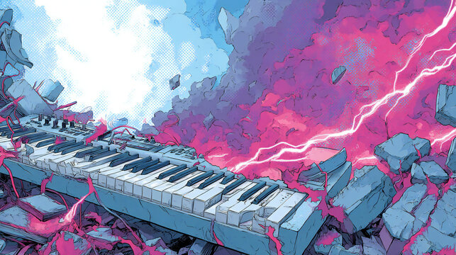 Explosive neon piano landscape with lightning energy and vibrant futuristic textures, dramatic pop art music illustration featuring synthwave aesthetics and cinematic entertainment atmosphere.