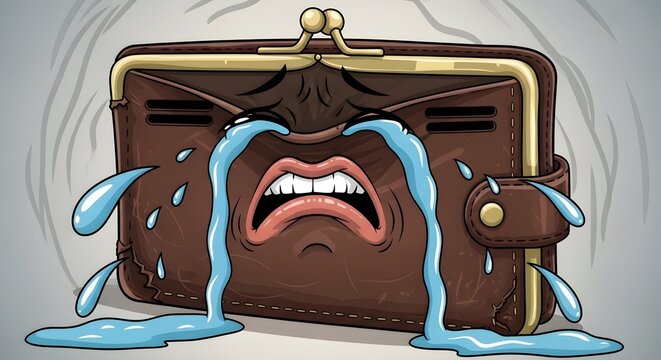 Cartoon wallet with sad face crying.