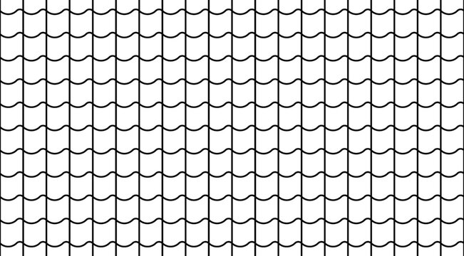 Roof tile pattern with seamless geometric texture. White and black shingle design for house construction, rooftop illustration with repeating wave shapes.