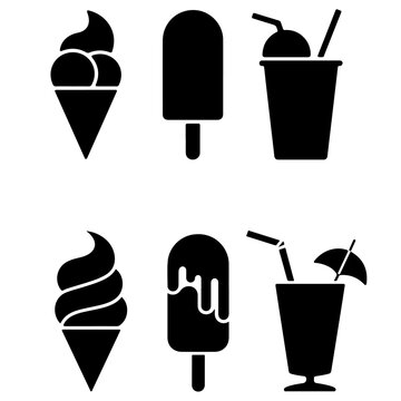 Black frozen dessert and cold drink icon collection with popsicles, ice cream cones, milkshakes, smoothies and beverage silhouettes isolated on light background