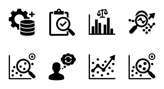 Data Analysis Icons Set, Business Analytics Symbols, Research & Statistics Graphics, Digital Information Icons, Vector Icons for Reports & Presentations