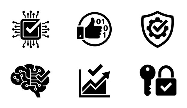 Digital Security and AI Icons: Secure Technology, Data Analysis, Brain Chip, Thumbs Up, Key Lock, Shield Gear, Vector Set