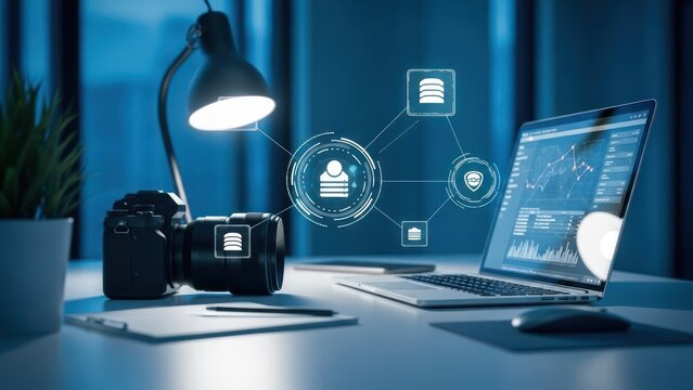 Workspace with camera, laptop, and digital data overlay in a dark setting