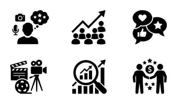 Business Growth Icons, Marketing Strategy Icons, Social Media Engagement Icons, Film Production Icons, Data Analysis Icons, Partnership Icons, 6 Vector Graphics Set