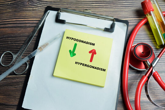Concept of hypogonadism and hypergonadism with symbolic arrow write on sticky notes isolated on Wooden Table.