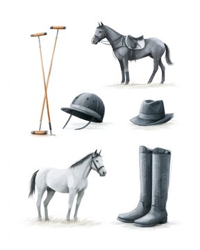 modern equestrian doodle illustration featuring polo sticks helmets horses and sporty sketch textures