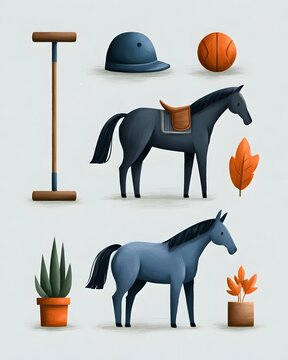 modern equestrian doodle illustration featuring polo sticks helmets horses and sporty sketch textures