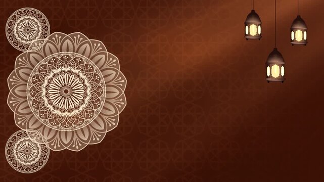 A repeating Islamic background, Ramadan and Eid Mubarak. An Islamic background with empty space, decorated with hanging lamp ornaments and a slowly rotating mandala. An elegant brown background theme.