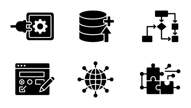 Set of 6 Business Technology Icons: Data Management, Workflow, Web Development, Global Network, Integration, and Configuration