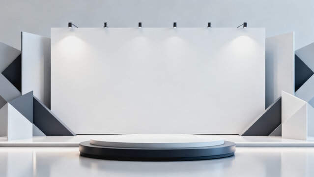 This minimalist 3D render features an empty product display podium with a geometric backdrop and overhead spotlights for exhibitions.