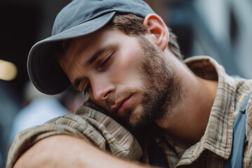 Obraz premium Overworked Construction Worker Taking Short Nap During Work Break From Extreme Exhaustion